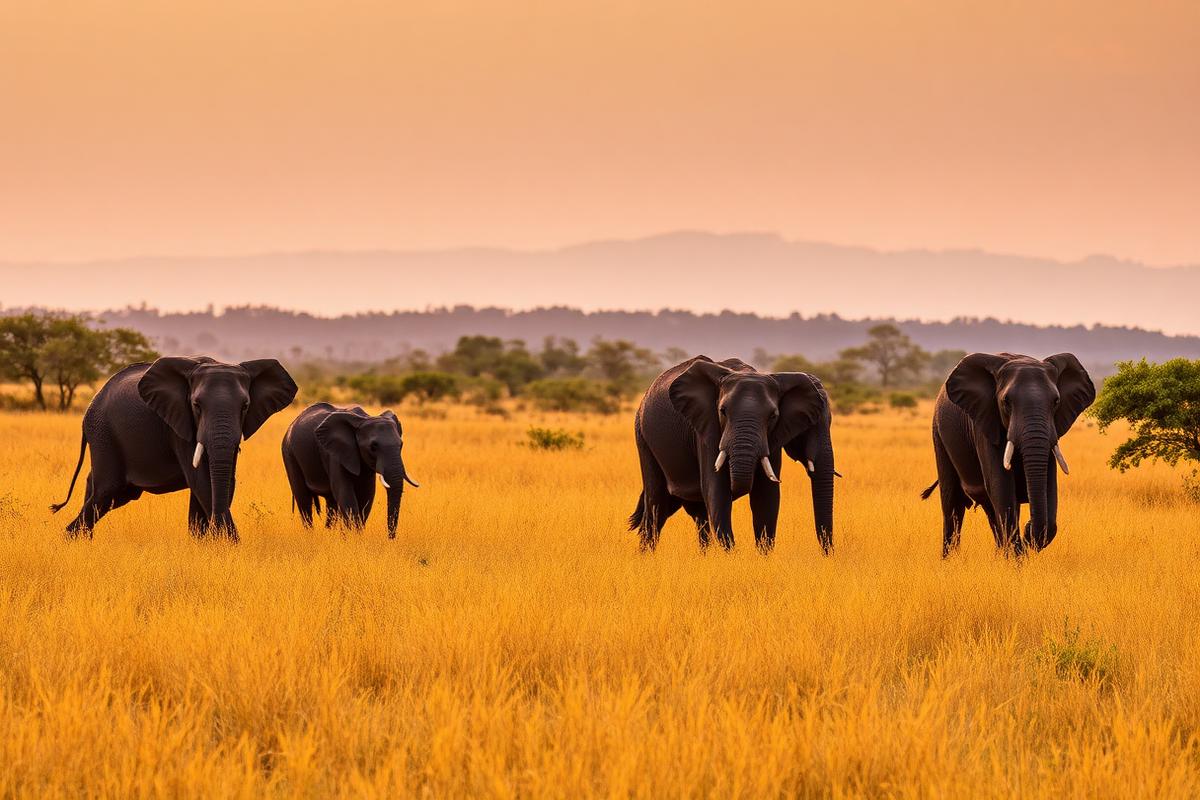 Wild elephants at sunset