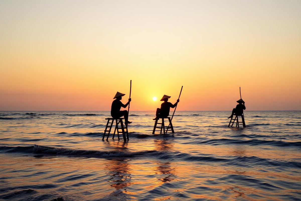 Stilt fishermen at sunset